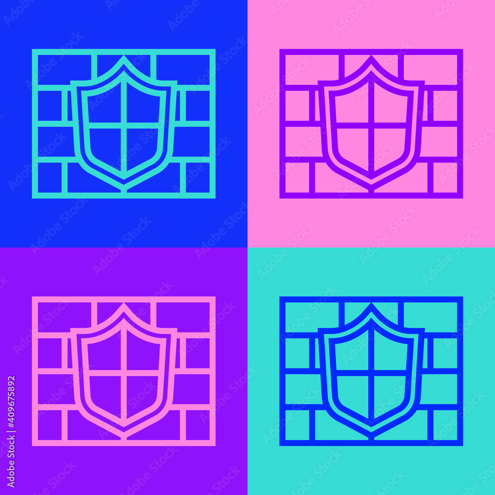 Poster pop art line shield with cyber security brick wall icon isolated on color background. data protectio
