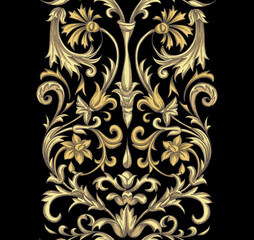 Vintage vector ornament. Print with gold flowers on a black background. 