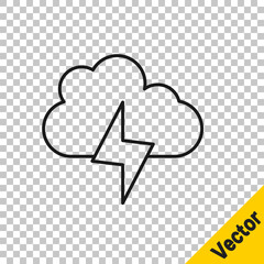Black line Storm icon isolated on transparent background. Cloud and lightning sign. Weather icon of storm. Vector.