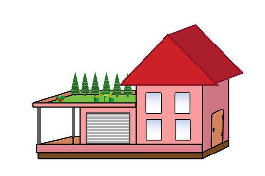 Illustration of a colorful villa with terrace and garage. Family villa with windows, simple drawing is in vector and jpg format. Isolated.