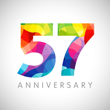 57th anniversary numbers. 57 years old logotype. Bright congrats. Isolated abstract graphic design template. Creative 5, 7 sign, 3D digits. Up to 57%, -57% percent off discount. Congratulation concept