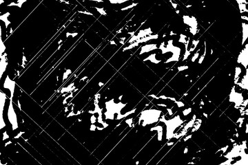 Grunge black and white pattern. Monochrome particles abstract texture. Background of cracks, scuffs, chips, stains, ink spots, lines. Dark design background surface.  