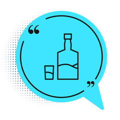 Black line Tequila bottle and shot glass icon isolated on white background. Mexican alcohol drink. Blue speech bubble symbol. Vector.