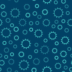 Green line Sun icon isolated seamless pattern on blue background. Summer symbol. Good sunny day. Vector.