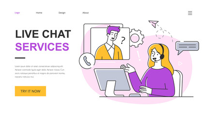 Technical customer support concept. Customer service representative talking with customer and helping him to solve the problem. Outline vector illustration. Website, webpage, landing page template