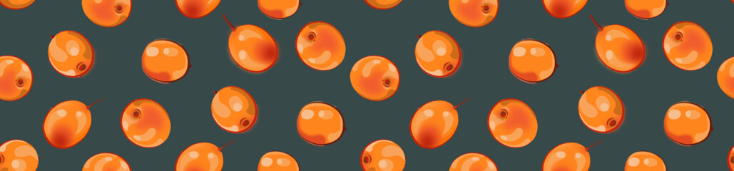 Border made of a seamless pattern of sea buckthorn on a blue background. © OlgaGersh