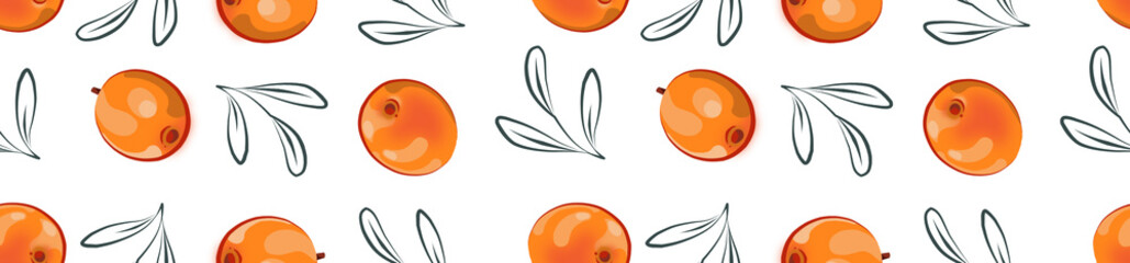 Border made of a seamless pattern of sea buckthorn on a white background. © OlgaGersh