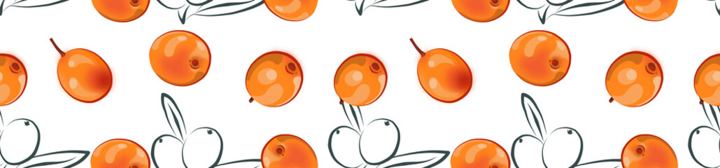 Border made of a seamless pattern of sea buckthorn on a white background. © OlgaGersh