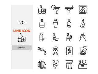 set of alcohol thin line icons, cocktail, pub, bar, drinks,