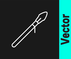 White line Medieval spear icon isolated on black background. Medieval weapon. Vector.