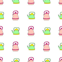Seamless vector image of kitchen teapots on a white background. Doodle drawing style.