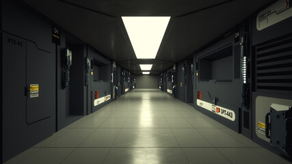 3d render. Futuristic hallway. Concept of modern architecture and interior spaceship