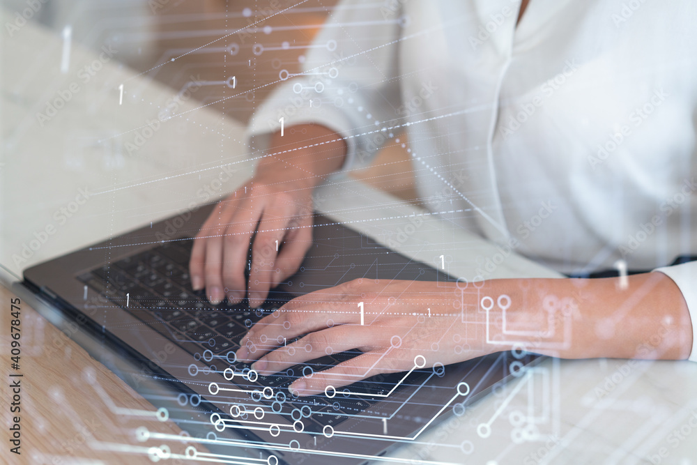 Poster woman typing the keyboard to create innovative software to change the world and provide a completely