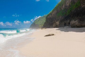 Tropical beach at paradise island. Sandy beach and blue ocean with wave