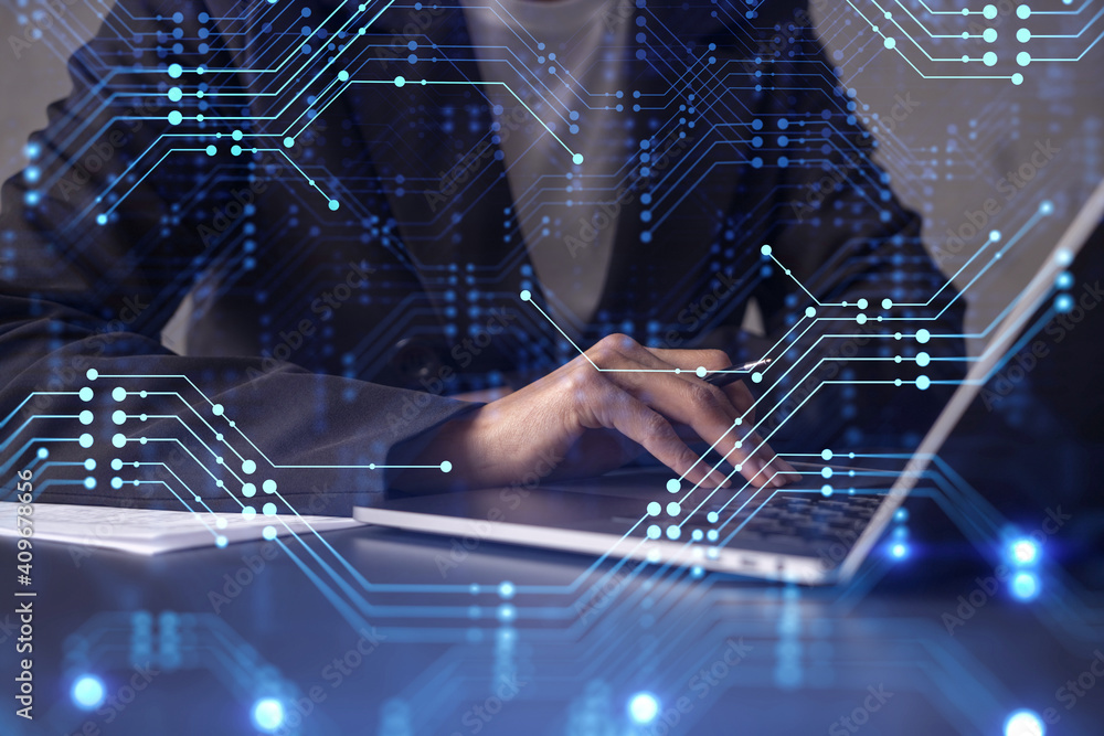 Poster woman typing the keyboard to create innovative software to change the world and provide a completely