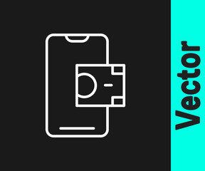 White line Mobile banking icon isolated on black background. Transfer money through mobile banking on the mobile phone screen. Vector.
