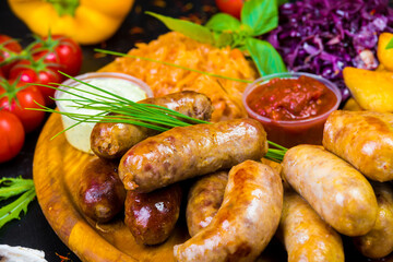 hot browned ruddy homemade sausages on a wooden tray with sauces and vegetables