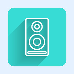 White line Stereo speaker icon isolated with long shadow. Sound system speakers. Music icon. Musical column speaker bass equipment. Green square button. Vector.