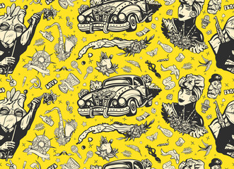 Cuba seamless pattern. Revolutionary communist man, retro car, map, beautiful cuban woman. History and culture. Traditional tattooing background
