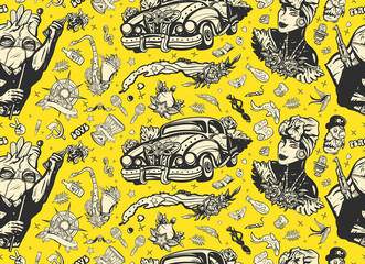 Cuba seamless pattern. Revolutionary communist man, retro car, map, beautiful cuban woman. History and culture. Traditional tattooing background