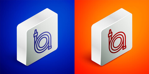 Isometric line Fire hose reel icon isolated on blue and orange background. Silver square button. Vector.