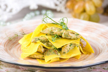 Italian food recipes, traditional pasta Maltagliati with clams and lentils - 409679431