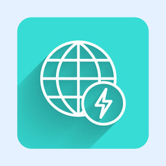 White line Global energy power planet with flash thunderbolt icon isolated with long shadow. Ecology concept and environmental. Green square button. Vector.