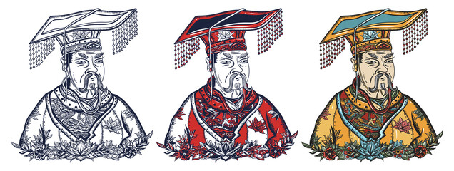 Porträt des chinesischen Kaisers. Geschichte und Kultur des alten China. Tattoo-Vektorgrafiken der alten Schule. Handgezeichneter Cartoon-Zeichensatz. Getrennt auf Weiß. Traditioneller Tätowierstil © intueri