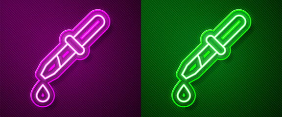 Glowing neon line Pipette icon isolated on purple and green background. Element of medical, chemistry lab equipment. Pipette with drop. Medicine symbol. Vector.