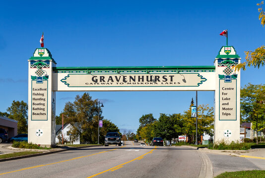 Muskoka, Ontario, Canada - October 4, 2019: The seventh Arch or Gateway of Gravenhurst city, contains the same writings of the 1925 Arch. This arch was officially inaugurated in August 2009.