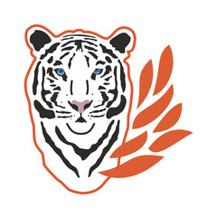 Bengal tiger head silhouette and orange leaves. Hand-drawn vector. Wild animals, pride. A symbol of power, strength, masculinity. For tattoo, crafting, sublimation, t-shirt printing, websites, app.
