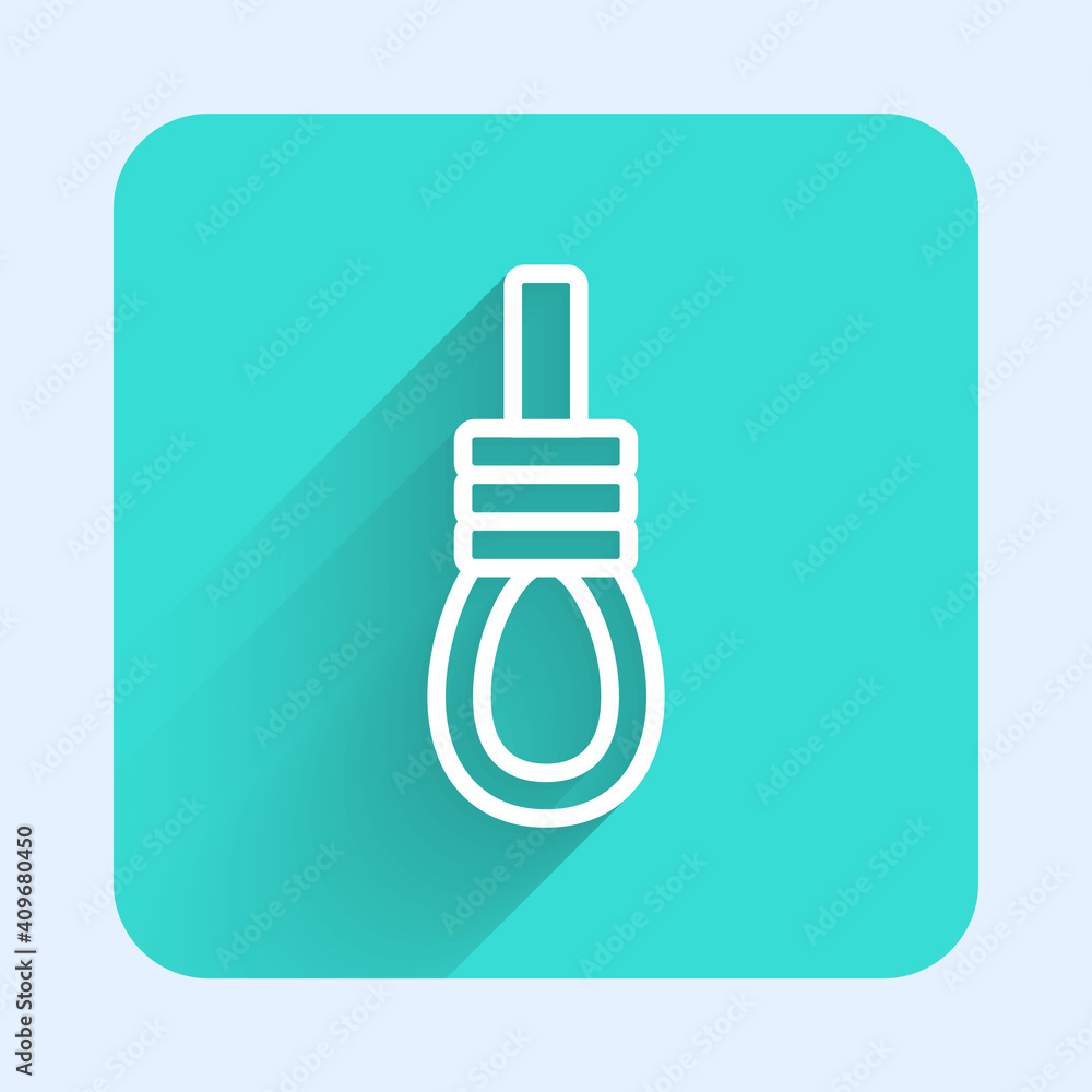 Poster white line gallows rope loop hanging icon isolated with long shadow. rope tied into noose. suicide, 