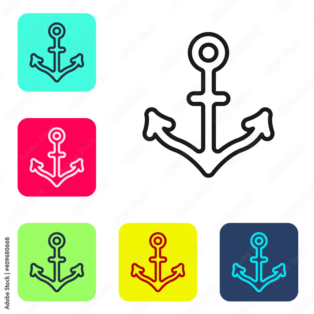Poster Black line Anchor icon isolated on white background. Set icons in color square buttons. Vector.