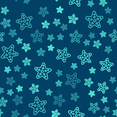 Green line Starfish icon isolated seamless pattern on blue background. Vector.