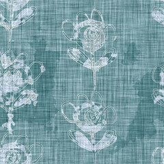 Aegean teal mottled flower linen texture background. Summer coastal living style 2 tone fabric effect. Sea green wash distressed grunge material. Decorative floral motif textile seamless pattern
