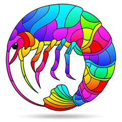 A stained glass illustration with a bright rainbow shrimp, an animal isolated on a white background