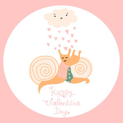 Vector Valentine's Day card. Couple of cute little snails together. Сloud with pink hearts.   Cartoon illustration. Perfect for Valentine Day poster or greeting card, banner
