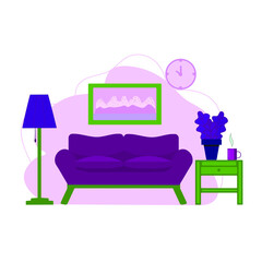 An interior, a living room with a sofa, lamp, picture, flowers and small table. A flat illustration. Vector.
