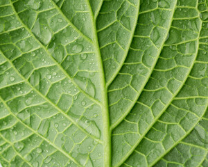 Closeup of green leaf with water drops top view nature and ecology abstract design background