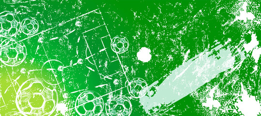 abstact background with soccer ball, football, field, paint strokes and splashes, grungy, free copy space
