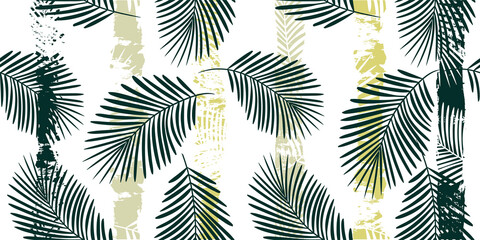 Tropical pattern, palm leaves seamless vector floral background. Exotic plant on green stripes. Summer nature jungle print. Leaves of palm tree on paint lines. brush strokes