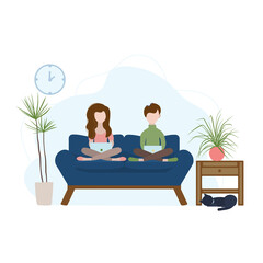 Obraz na płótnie Canvas A young girl with a young man are sitting on the sofa and working or chatting. A banner for Stay at home, work at home, freelance projects. A flat illustration. 
