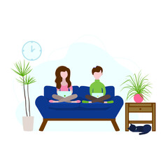 A young girl with a young man are sitting on the sofa and working or chatting. A banner for Stay at home, work at home, freelance projects. A flat illustration. Vector.
