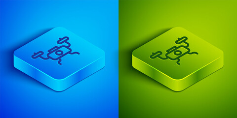 Isometric line Drone flying icon isolated on blue and green background. Quadrocopter with video and photo camera symbol. Square button. Vector.