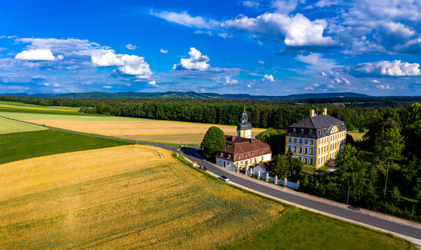 Aerial view, J&auml;gersburg Castle, Eggolsheim municipality, Franconia, Bavaria, Germany,
