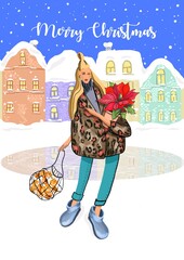 Obraz na płótnie Canvas Cute stylish hand-drawn bright colorful fashion flat art illustration of imaginary long hair girl in trendy outfit, holding tangerines and poinsettia flower in a pot, in city. Christmas gift postcard