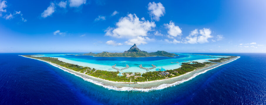 Aerial panorama of the Bora Bora atoll, French Polynesia, Oceania