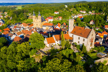 Aerial view, Gößweinstein with castle and pilgrimage church to the Holy Trinity, Franconian...