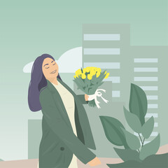 Portrait of a young beautiful lady with long straight hair wearing a brown coat holding yellow tulips posing on city view