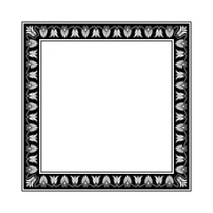 Square decorative frame. Antic Greek style. Floral elements, vignettes. Black and white.